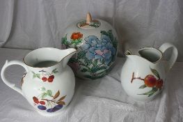 TWO EVESHAM WARE WATER JUGS TOGETHER WITH A GINGER JAR DEPICTING PEONIES  ( 3 )