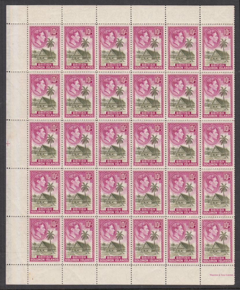 SOLOMON ISLANDS 1942 10/- sage-green & magenta complete U/M sheet 1942 10/- sage-green & magenta