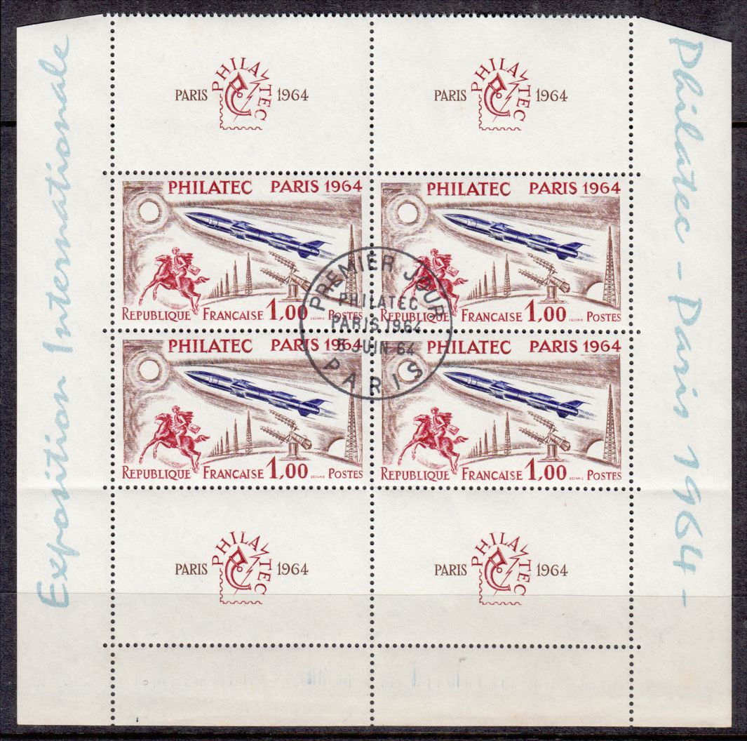 FRANCE 1964 Philatec 1964 1f blue, red & brown block of 1964 Philatec 1964 1f blue, red & brown