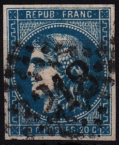 FRANCE 1849 imperf 20c blue used, 4 margins, fine. SG 17 1849 imperf 20c blue used, 4 margins, fine.