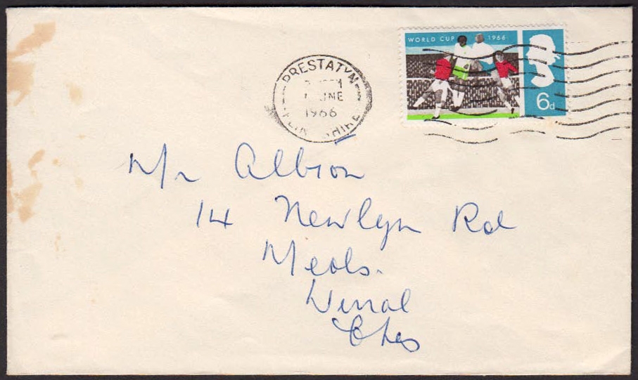 1966 World Cup 6d (Ordinary) Missing Black on plain FDC with Prestatyn wavy line cancel. Approx 5