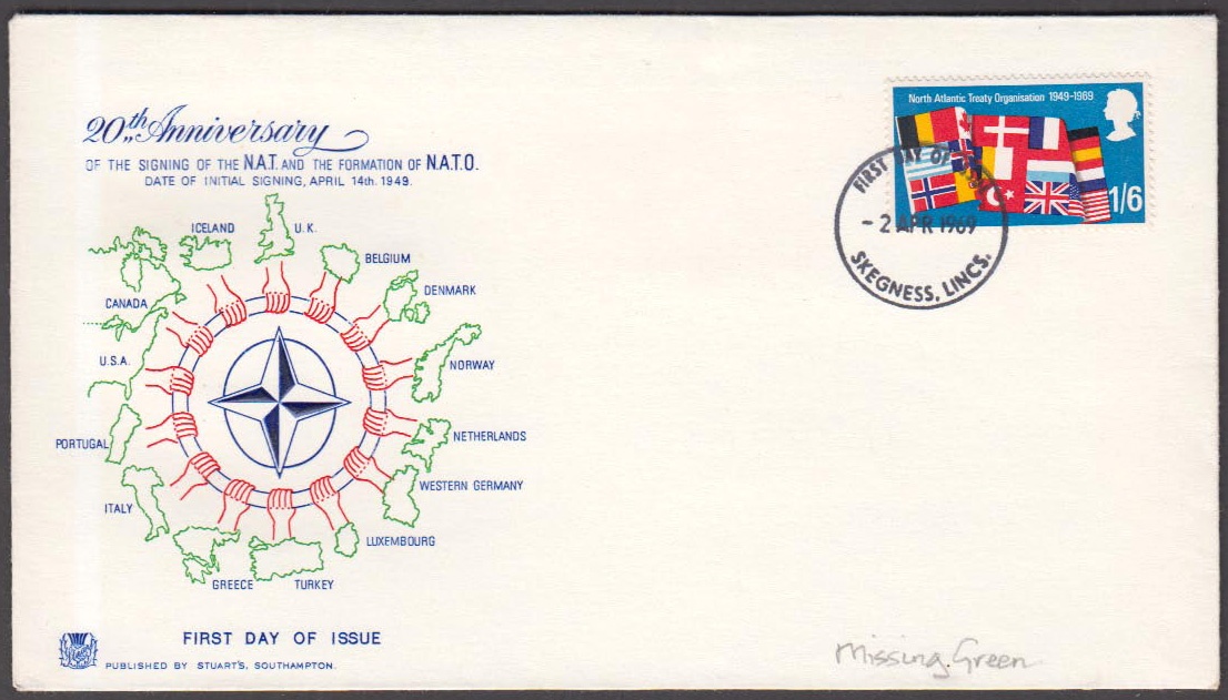 1969 Anniversaries 1/6d Missing Green on Stuart FDC with Skegness FDI H/S. 1 of only 5 recorded