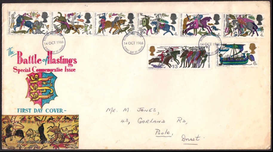 1966 Battle of Hastings 6 x 4d (Ordinary) Missing Blue on the first three stamps only on GPO FDC