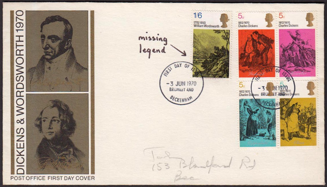 1970 Literary Anniversaries 1/6d Missing Silver on Post Office FDC with Bromley and Beckenham FDI