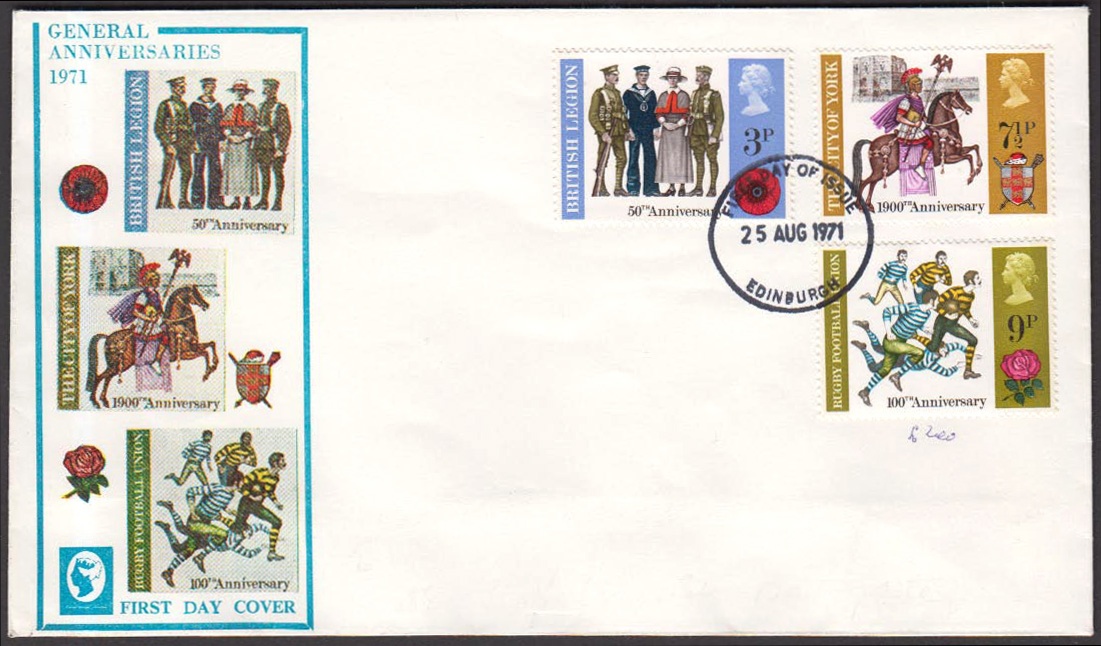 1971 General Anniversaries 9p Missing Olive-Brown on Cameo FDC with Edinburgh FDI H/S. 1 of only 2