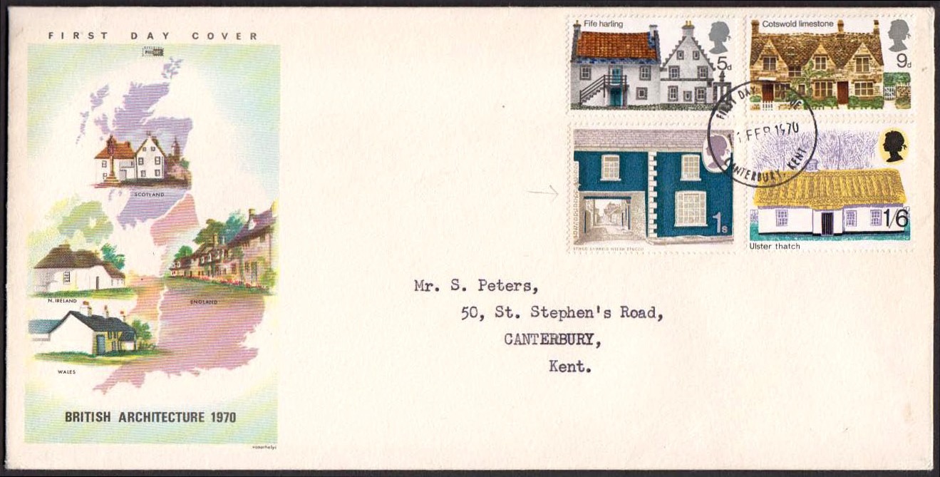 1970 Cottages 1/- Missing New Blue on Philart FDC with Canterbury FDI H/S. The best of only 2