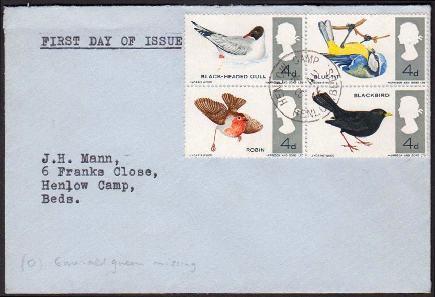 1966 Birds (Ordinary) 4 x 4d Missing Green on plain FDC with Henlow Camp CDS. Approx 6 known on FDC.