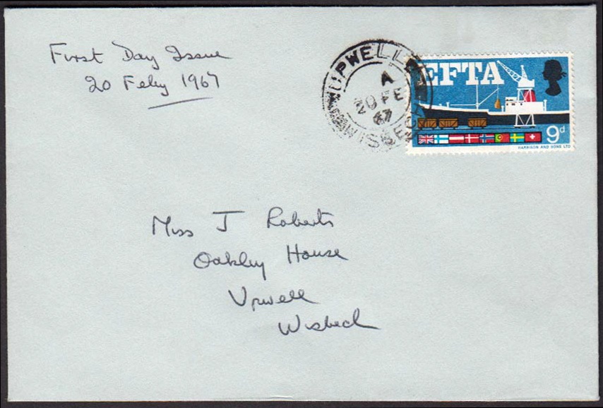 1967 EFTA 9d (Phosphor) Missing Lilac on plain FDC with Upwell Wisbech CDS. 1 of only 3 known on