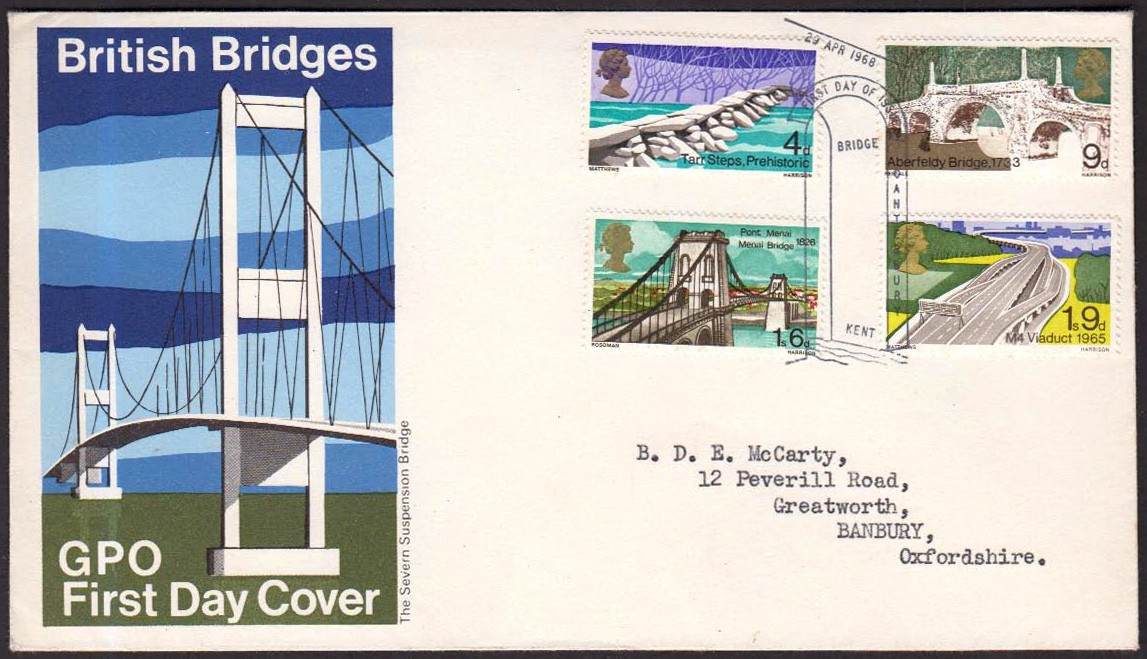 1968 Bridges 9d Missing Ultramarine on GPO FDC with Bridge Canterbury pictorial FDI H/S. With 2008