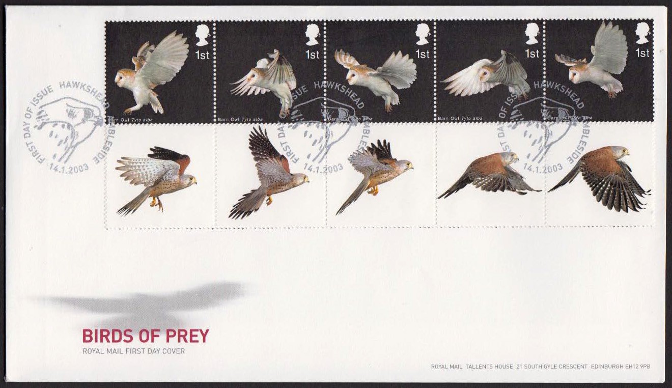 2003 Birds of Prey 1st block of 10 with Missing Brownish Grey & Phosphor on Royal Mail FDC with