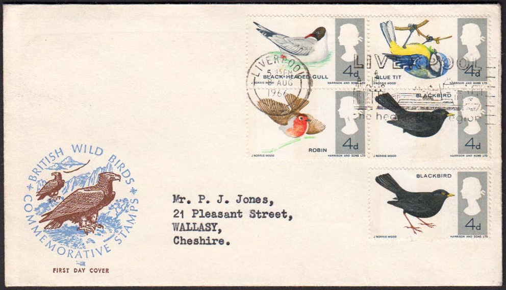 1966 Birds 4 x 4d (Phosphor) Missing Brown on Philart FDC with Liverpool slogan "Liverpool The heart