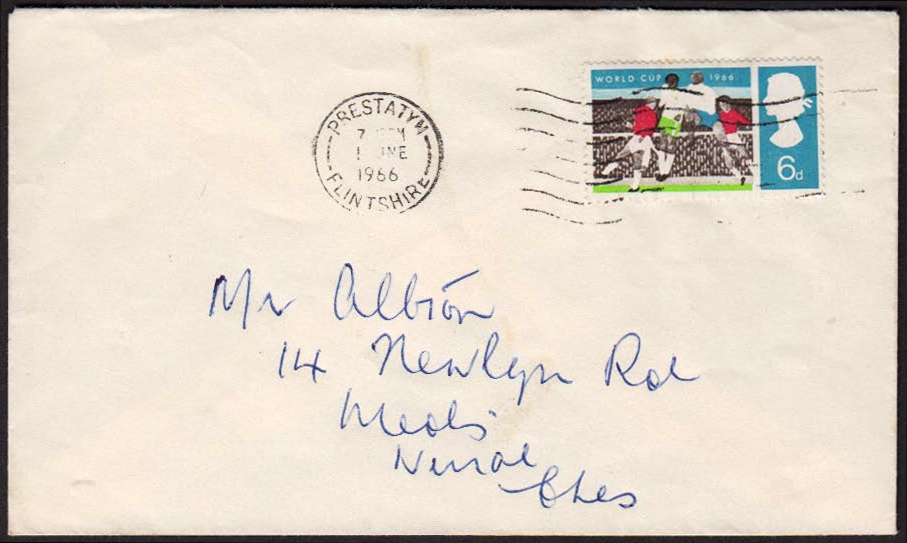 1966 World Cup 6d (Ordinary) Missing Black on plain FDC with Prestatyn wavy line cancel. Approx 5