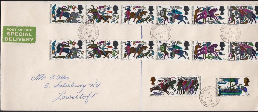 1966 Battle of Hastings 6 x 4d (Phosphor) Missing Green (on 5 of the 6 stamps) on large plain FDC