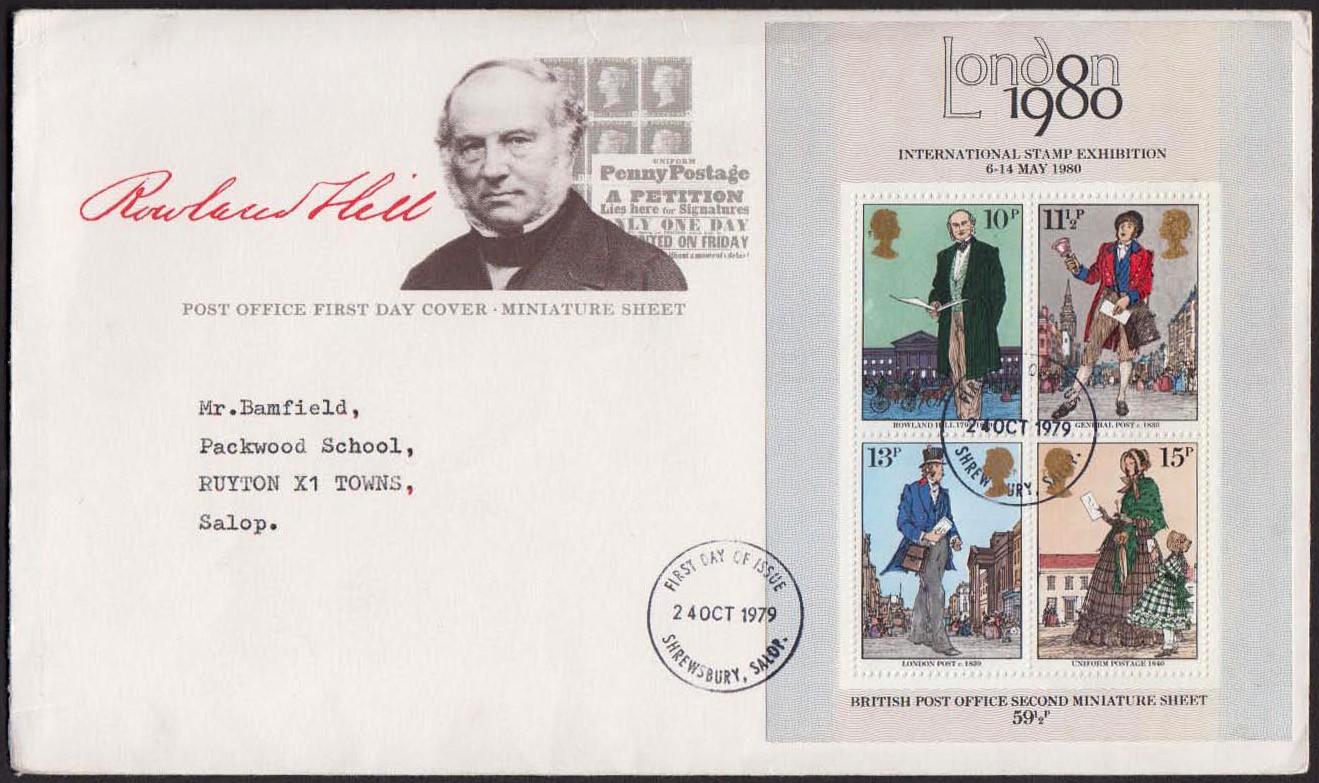 1979 Rowland Hill Min Sheet Missing Pale Greenish Yellow and Phosphor on Post Office FDC with