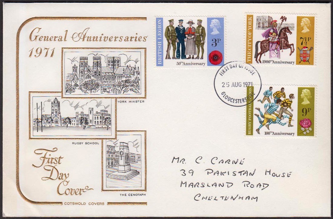 1971 General Anniversaries 9p Missing Myrtle Green on Cotswold FDC with Gloucestershire FDI H/S.