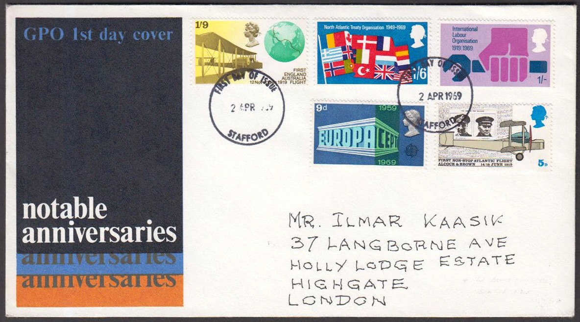 1969 Anniversaries 1/6d Missing Black on GPO FDC with Stafford FDI H/S. 1 of only 3 recorded