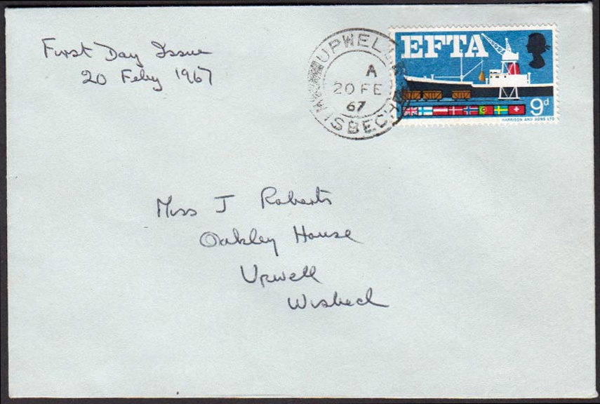 1967 EFTA 9d (Phosphor) Missing Lilac on plain FDC with Upwell, Wisbech CDS. 1 of only 3 recorded
