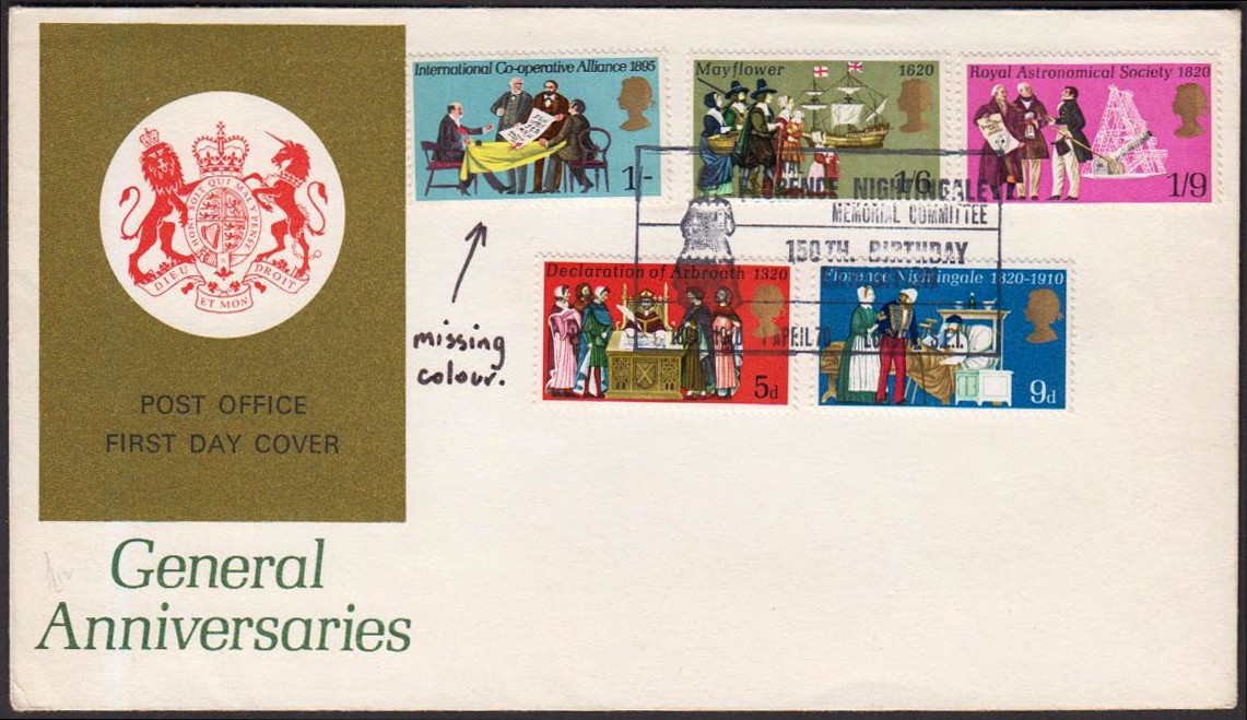 1970 Anniversaries Missing Green & embossing on GPO FDC with Florence Nightingale Memorial Committee