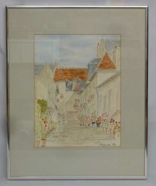 A Robiette a framed glazed watercolour of French buildings - 26.5 x 20 cm