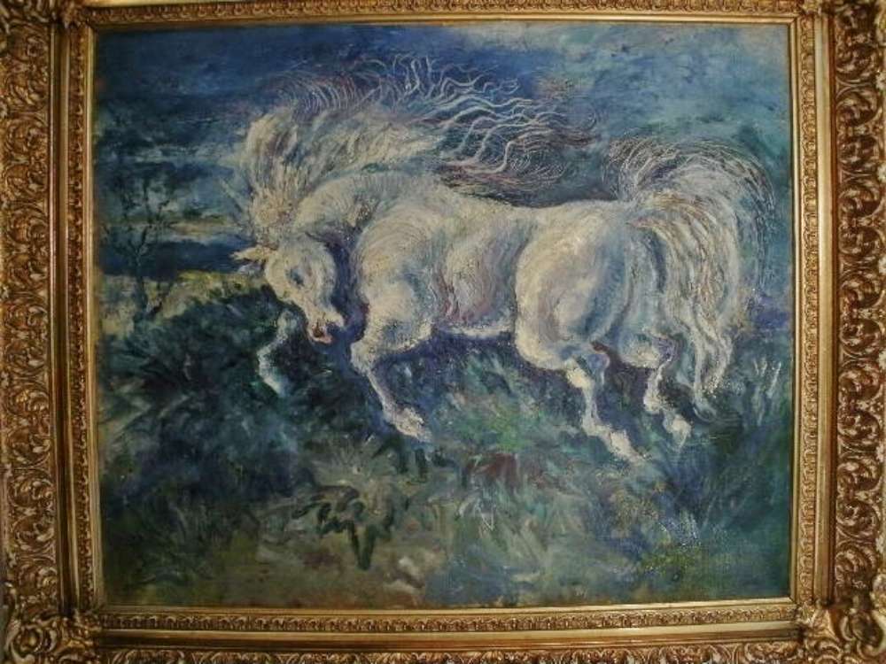 Rowel Boyd Friers oil on canvas, Galloping Arabesque Stallion on a blue ground circa 1958, RUA,