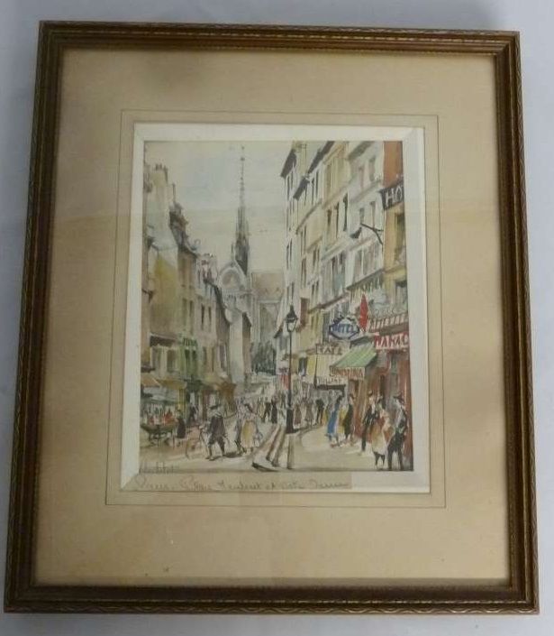 French watercolour of Place Maulout de Notre Dame, signed bottom left - 25.5 x 20 cm