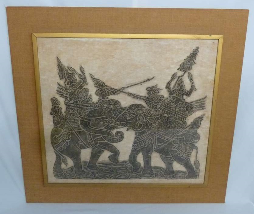 Oriental brass rubbing in decorative frame - 51 x 56 cm