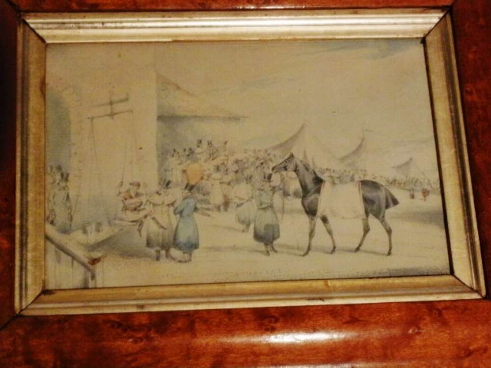 Pair of 1818 horse racing watercolours by Henry Alken in original Georgian burr walnut frames with