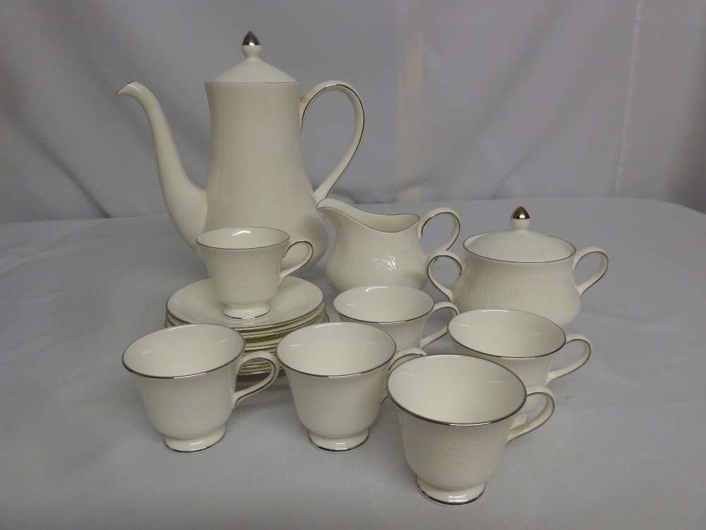 Wedgwood Silver Ermine coffee set to include coffee pot, milk jug, sugar bowl, six cups and saucers