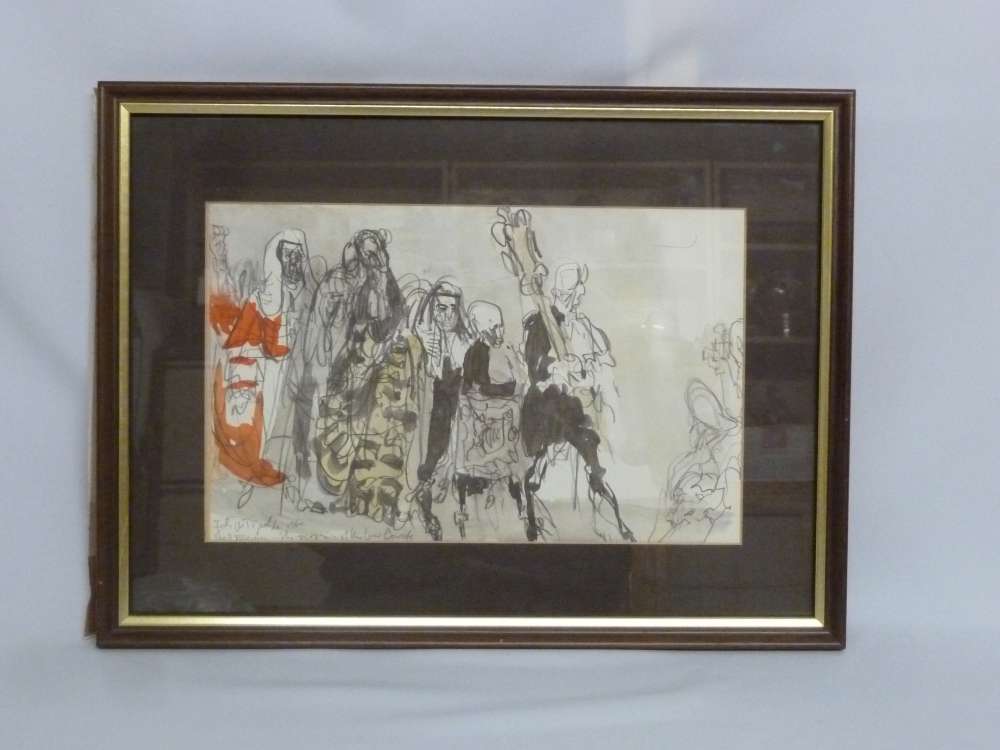 A framed coloured drawing of a legal procession circa 1960 - 20 x 32.5cm.