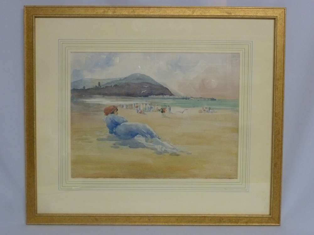 A framed watercolour of an English seascape and beach scene - 27.5 x 37cm.