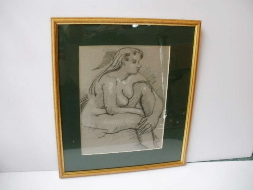 A framed and glazed crayon and pencil sketch of a nude woman, signed Shepherd - attributed to Sydney