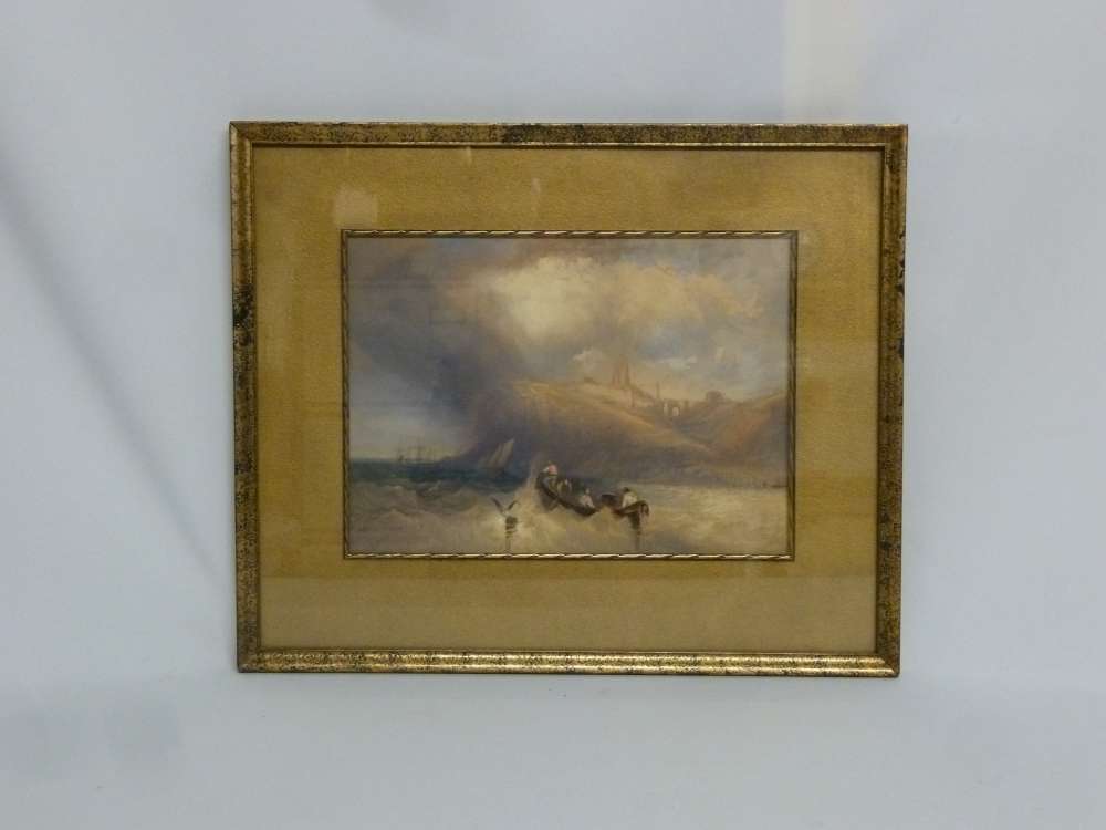 C. Bentley a framed watercolour of men in a rowing boat off the coast - 18.5 x 26cm.