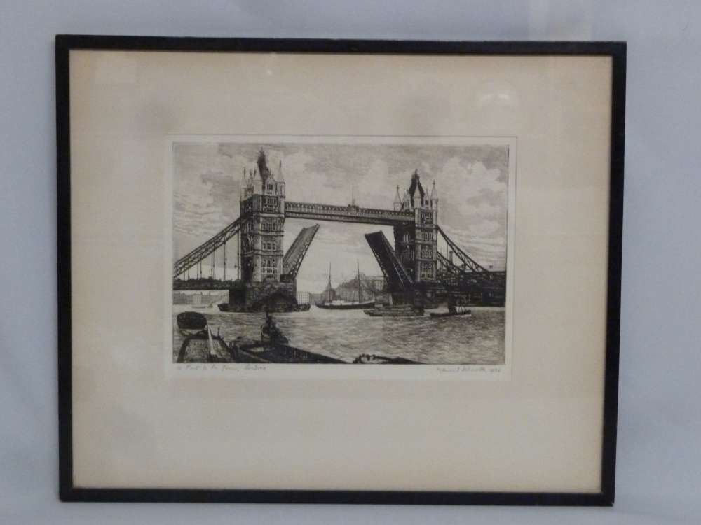 Marcel Schuette a framed pen and ink of Tower Bridge, signed bottom right 1936 - 16.5 x 23.5cm.