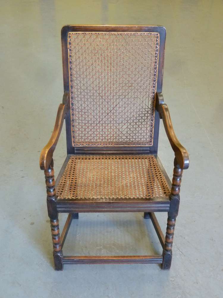 Mahogany hall armchair with bergere back and seat - A/F.