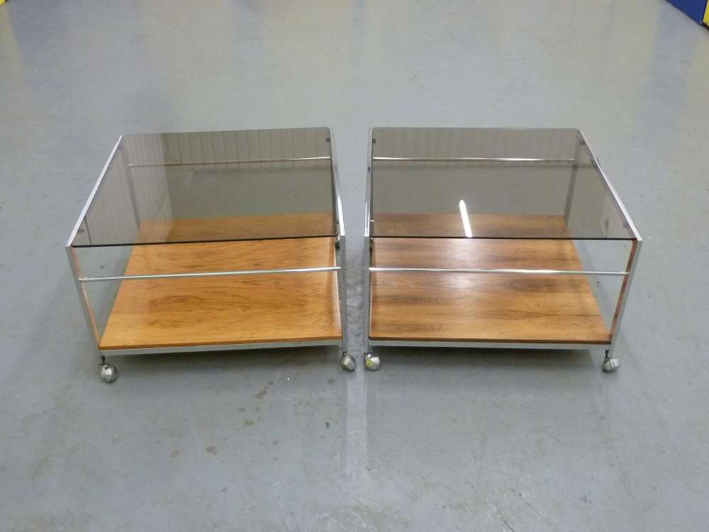 Pair of 1960s glass, wood and chrome square side tables, on original castors.