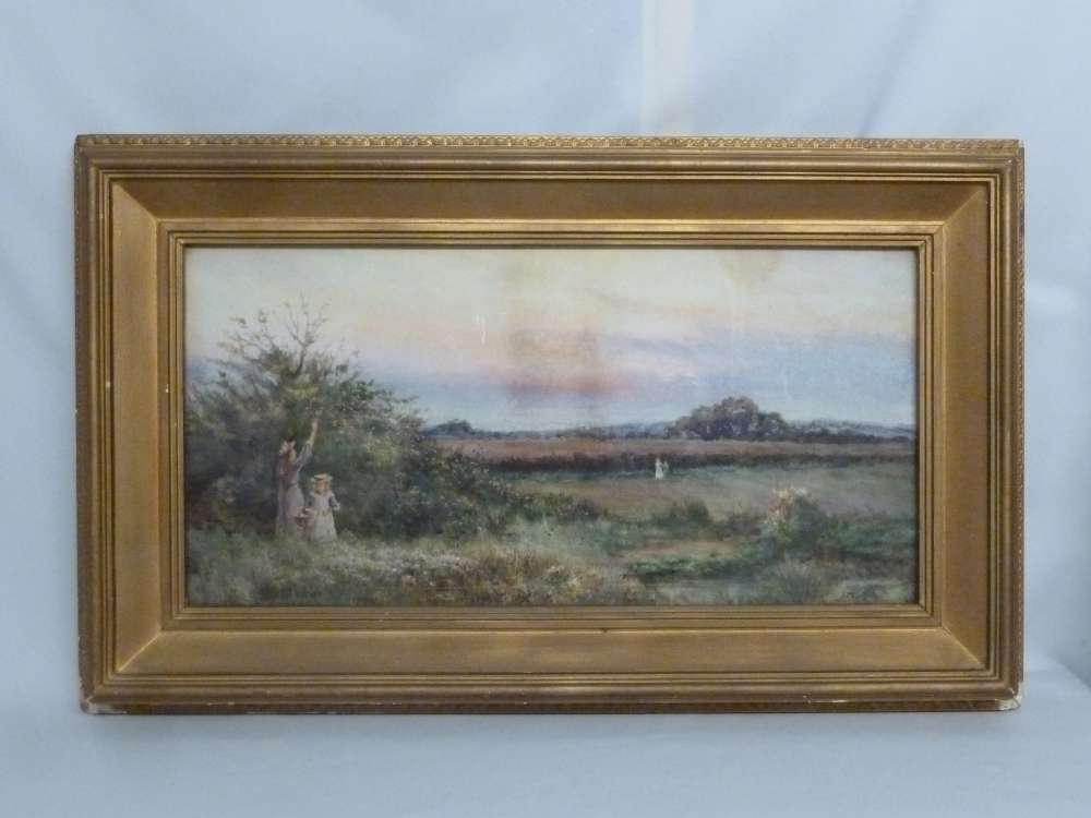 A.J. Hale a framed watercolour of girls picking blackberries in open countryside, signed bottom