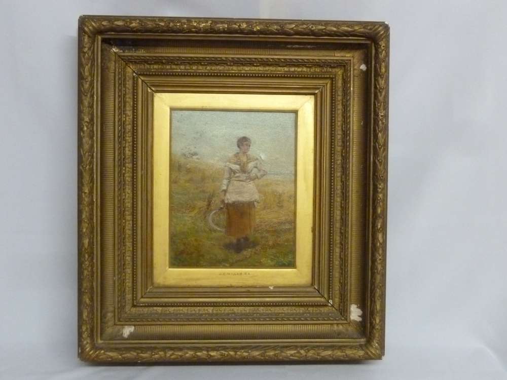 Oil on canvas of a lady in a field in heavy decorative frame, monogrammed 1876 bottom left, in the