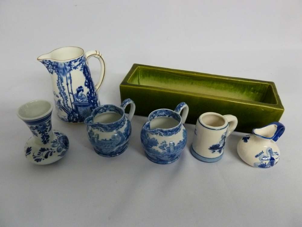Quantity of porcelain to include six blue and white jugs Spode and Royal Crown Derby, and a green