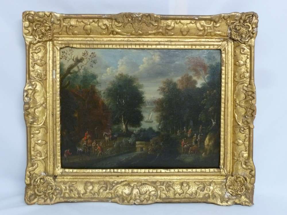 An early 19th century oil on board of figures and horses in a wooded landscape, in ornate gilt frame