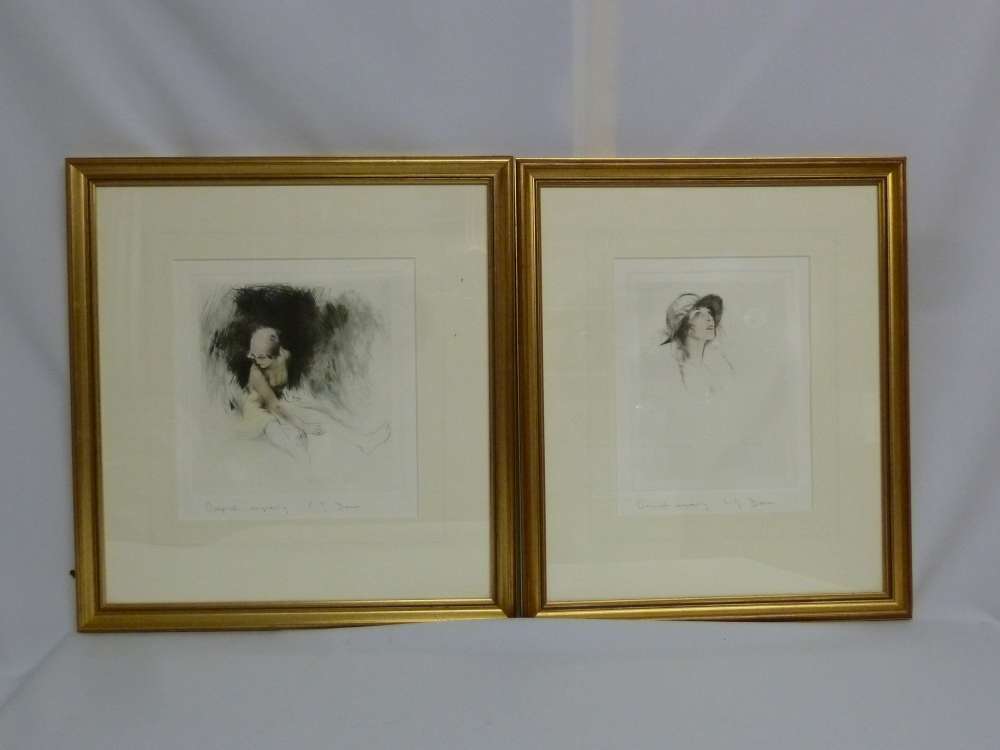 Two original engravings of ladies in 1920 style, signed by artist a. 25 x 23cm b. 25 x19.5cm