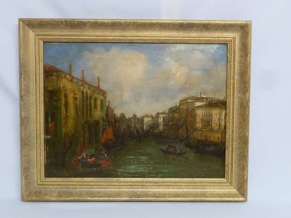 James Holland oil on canvas of a Venetian canal scene, signed bottom left, label to verso (1863) -