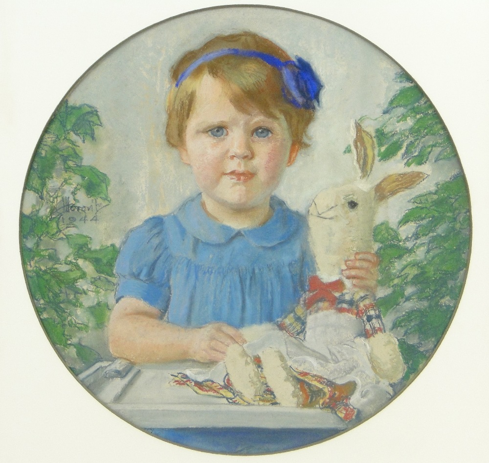 Arnim Horowitz
coloured pastels, girl with a toy rabbit, signed and dated 1944, 16.5" x 16.5",