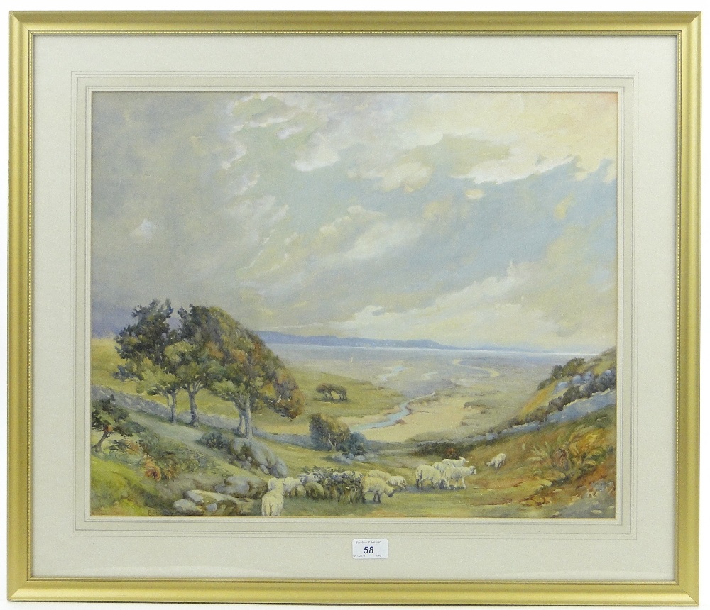 E Leigh
2 watercolours, sheep in extensive landscapes, both signed, 18" x 22", and 11.5" x 13", both