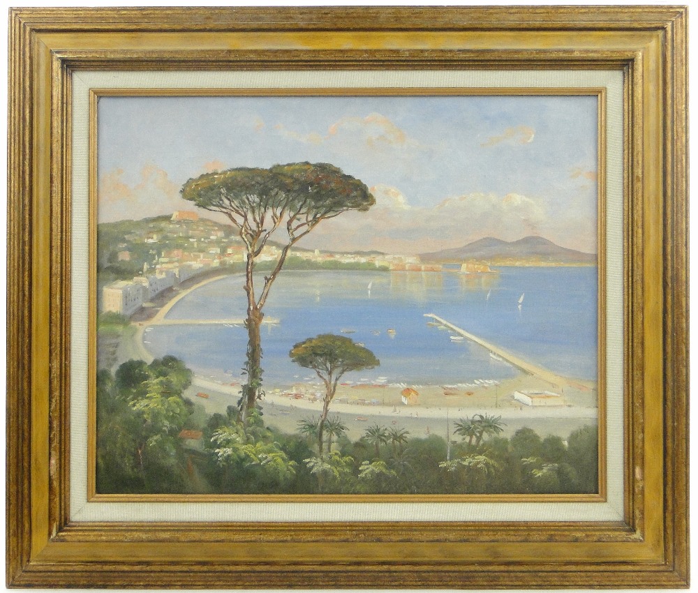 Neapolitan School
oil on board, view across the Bay of Naples, unsigned, 16" x 20", framed.