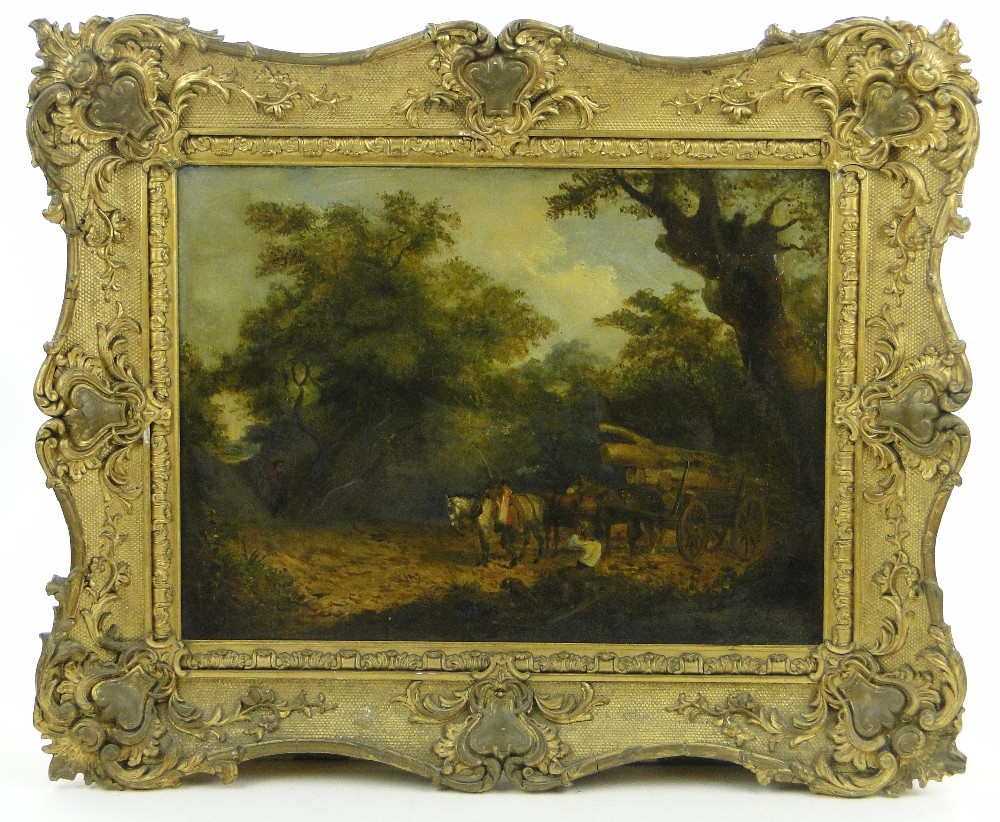 English School
19th century oil on canvas, horse drawn timber wagon on a woodland road, unsigned,