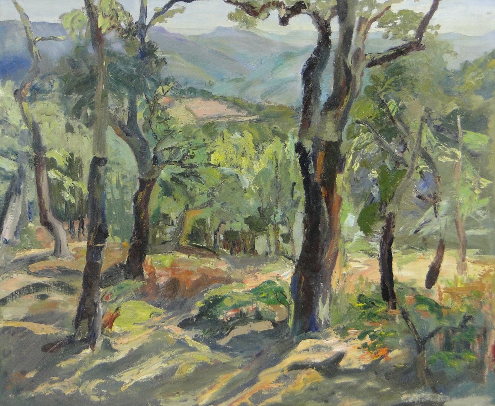 Jean Scott Moncrieff
oil on canvas, cork oaks below La Garde Freinet, signed with initials, artist