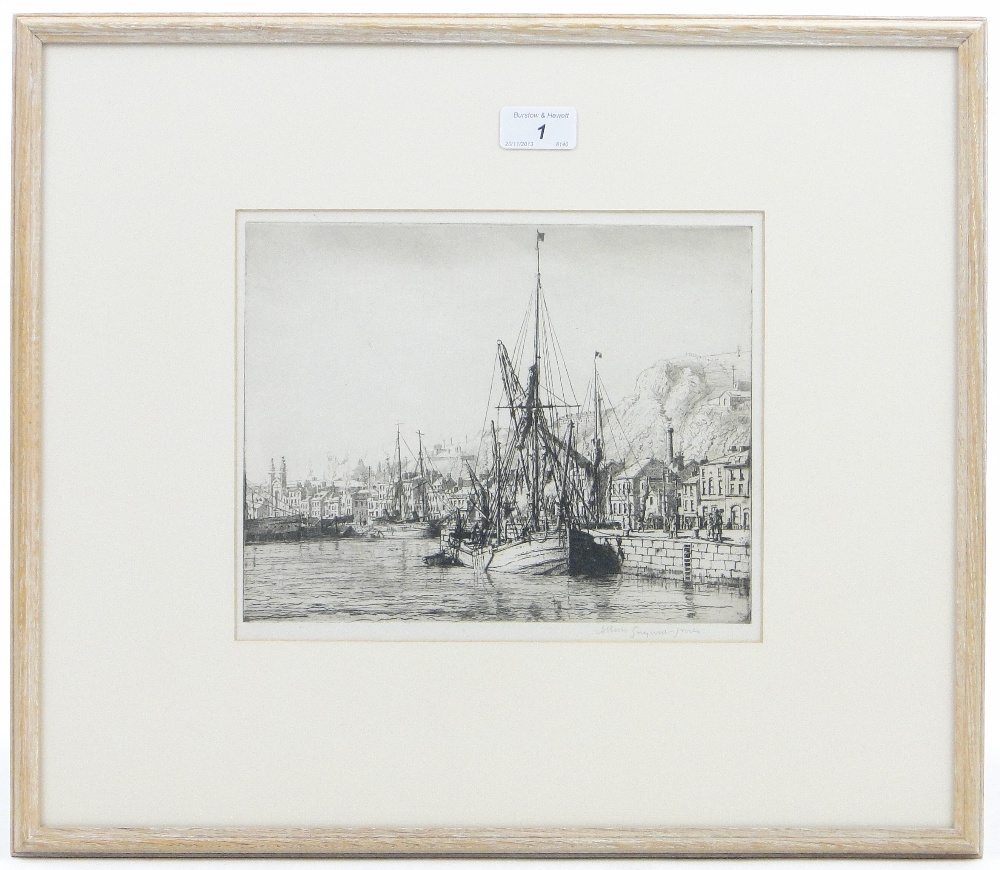 Allan Gwynne-Jones (1892-1982)
etching, harbour scene, signed in pencil, p 7.75" x 10", framed.