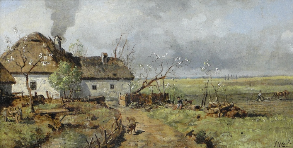 A Heissl
19th century oil on canvas, pigs and figures outside a thatched farm cottage, signed and