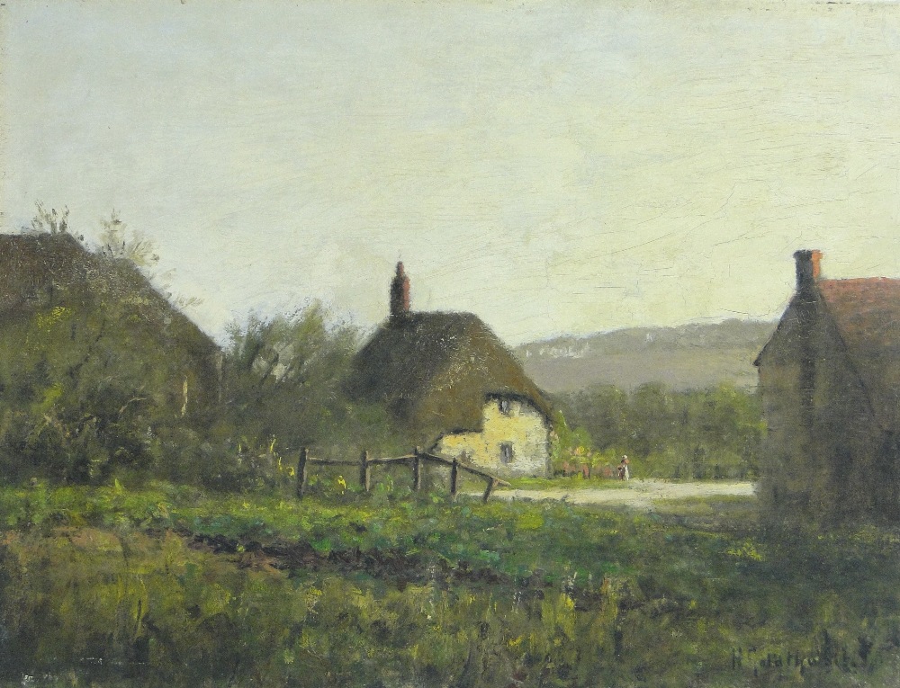 Harold Goldthwaite (1869-1932)
oil on canvas, cottages in a landscape, signed, 12" x 16", unframed.