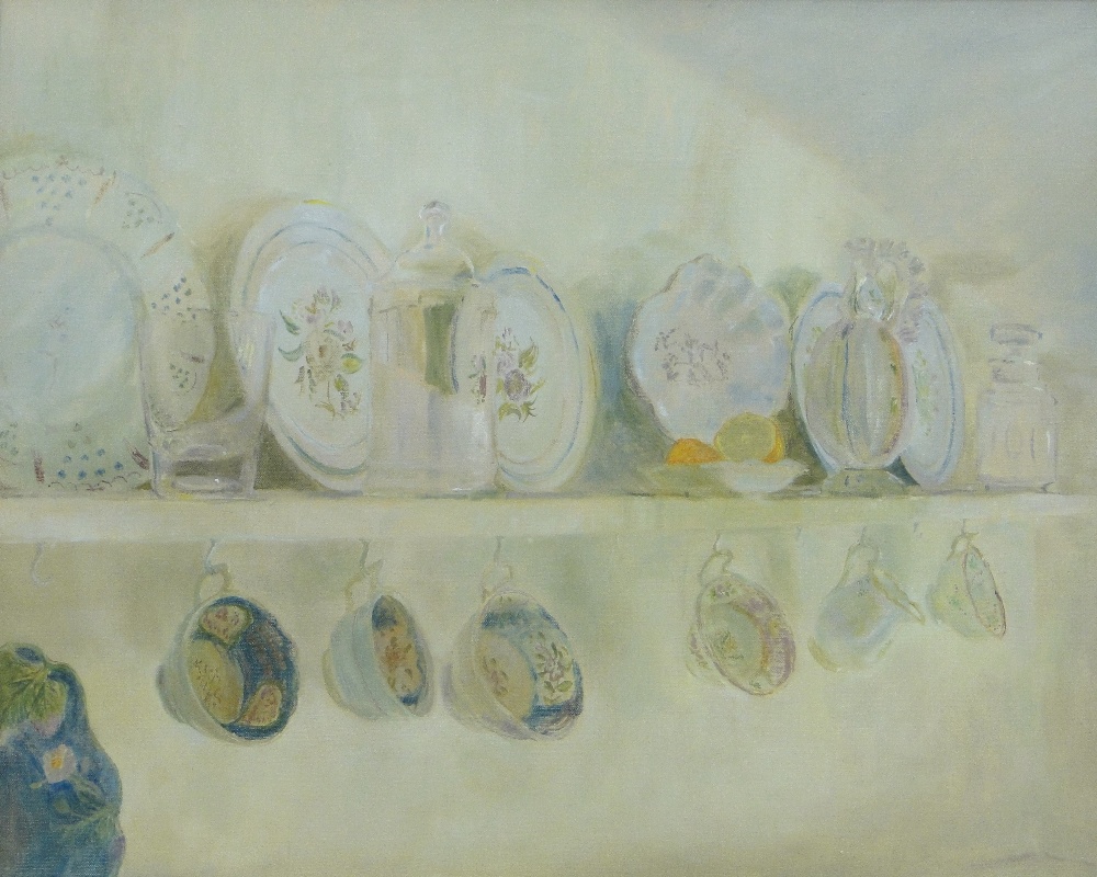 Gillian Whaite (1934-2012)
oil on canvas, kitchen shelf with cups, signed, inscribed verso, 16" x